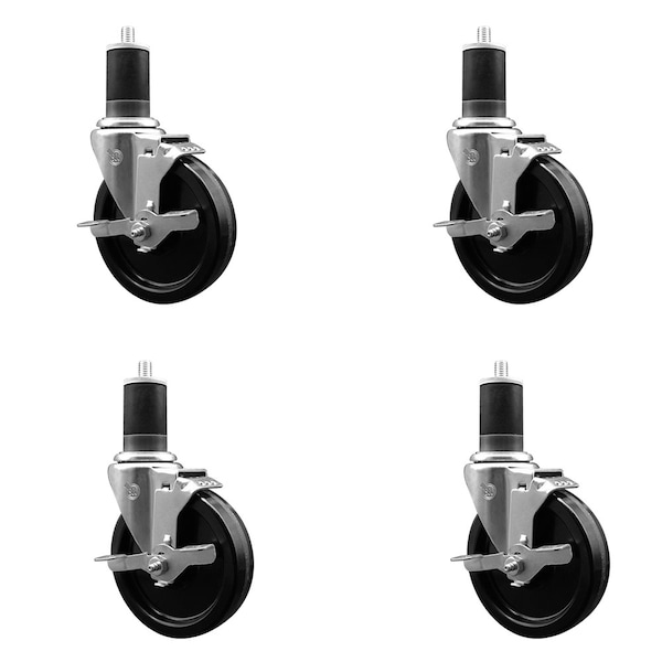 5'' Phenolic Swivel 1-5/8'' Expanding Stem Caster Set with Brake, 4PK
